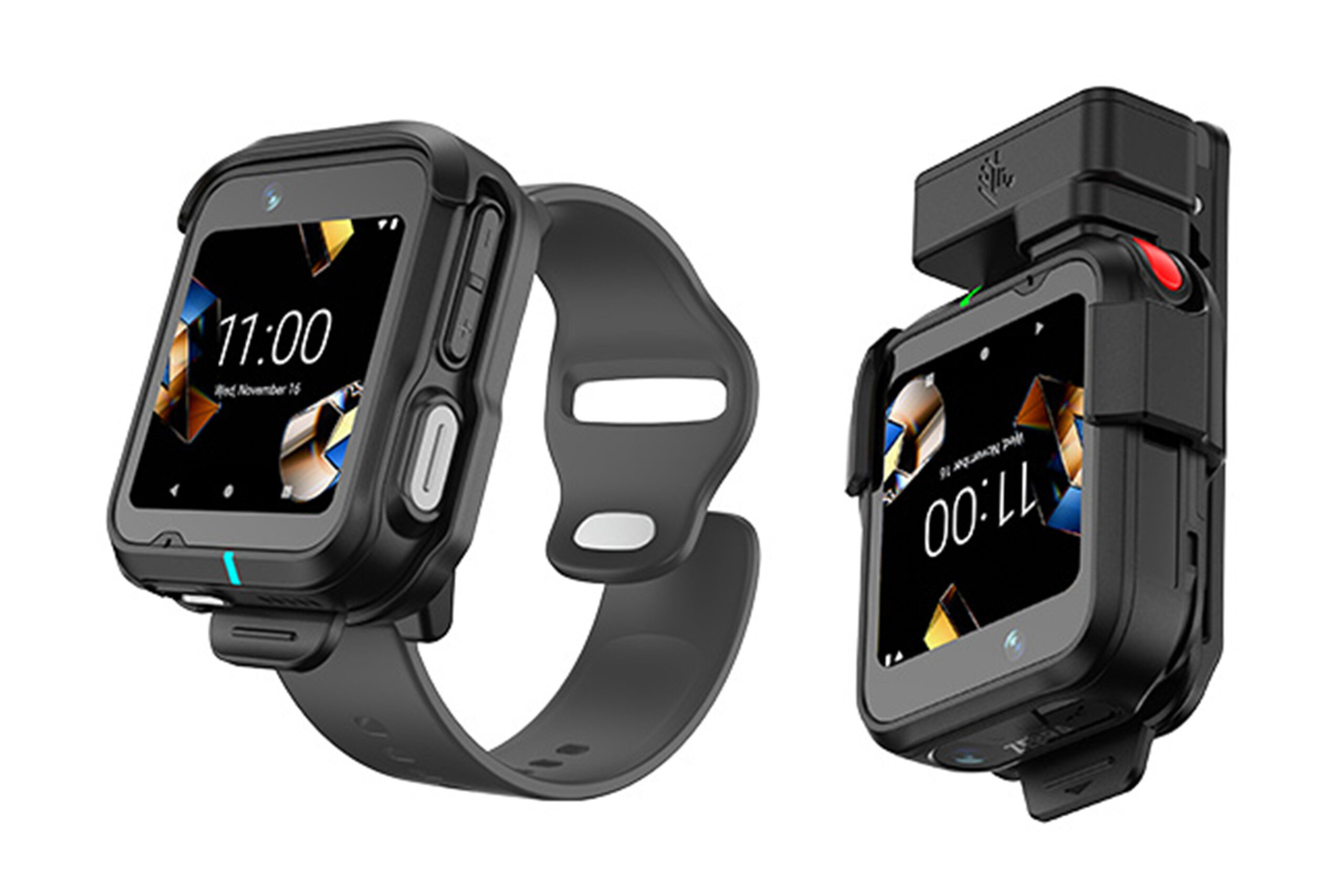WS301 wearable computer shown in watch and badge configurations.